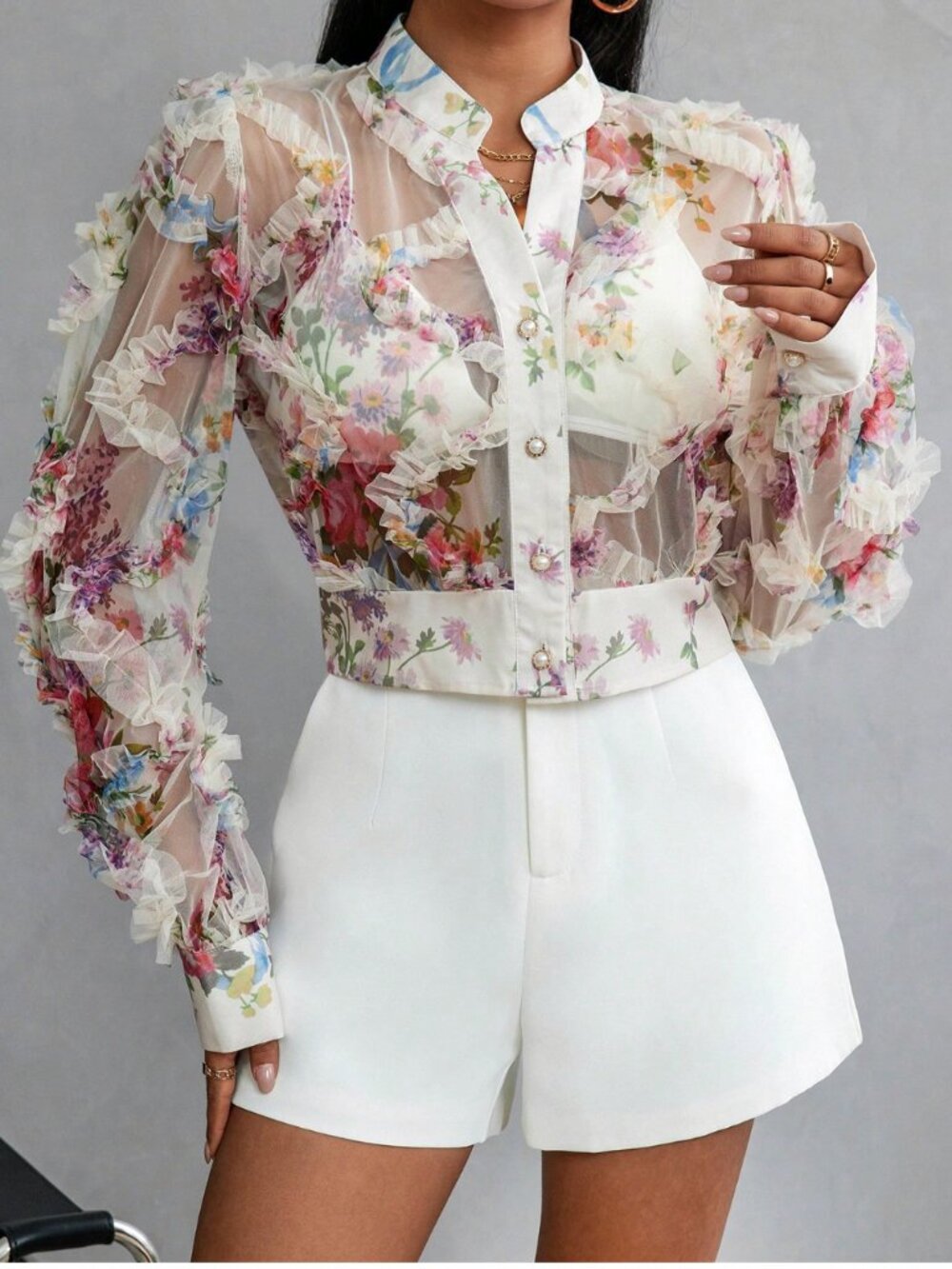 Floral Chiffon Ruffle Sheer Cropped Blouse